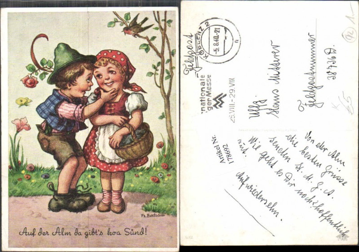 178692,Künstler AK Fr. Bertram Kinder Korb Junge Auf der Alm hibts ka Sünd