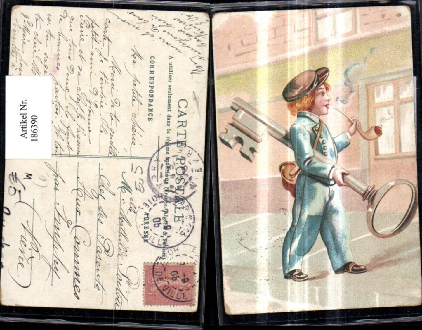 186390,Kind Junge m. Riesenschlüssel Schlüssel Pfeife
