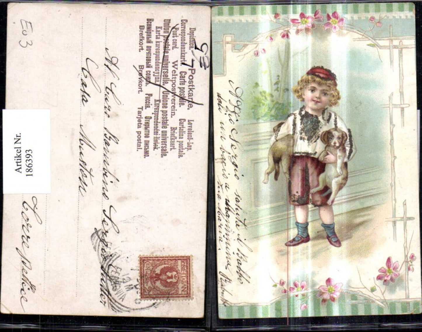 186393,Litho Uunge Kind m. Hunde Welpen Glitzer Ak