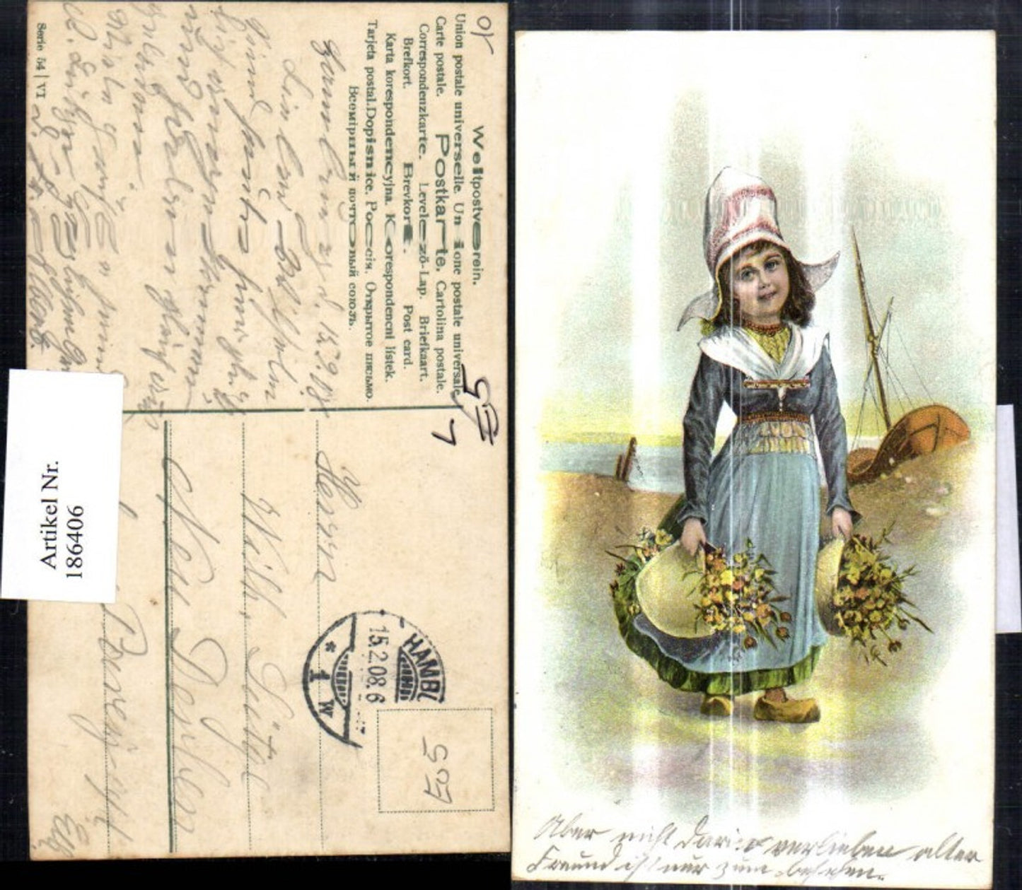 186406,Litho Kind Mädchen m. Blumen Schiff Holland Flandern Typen