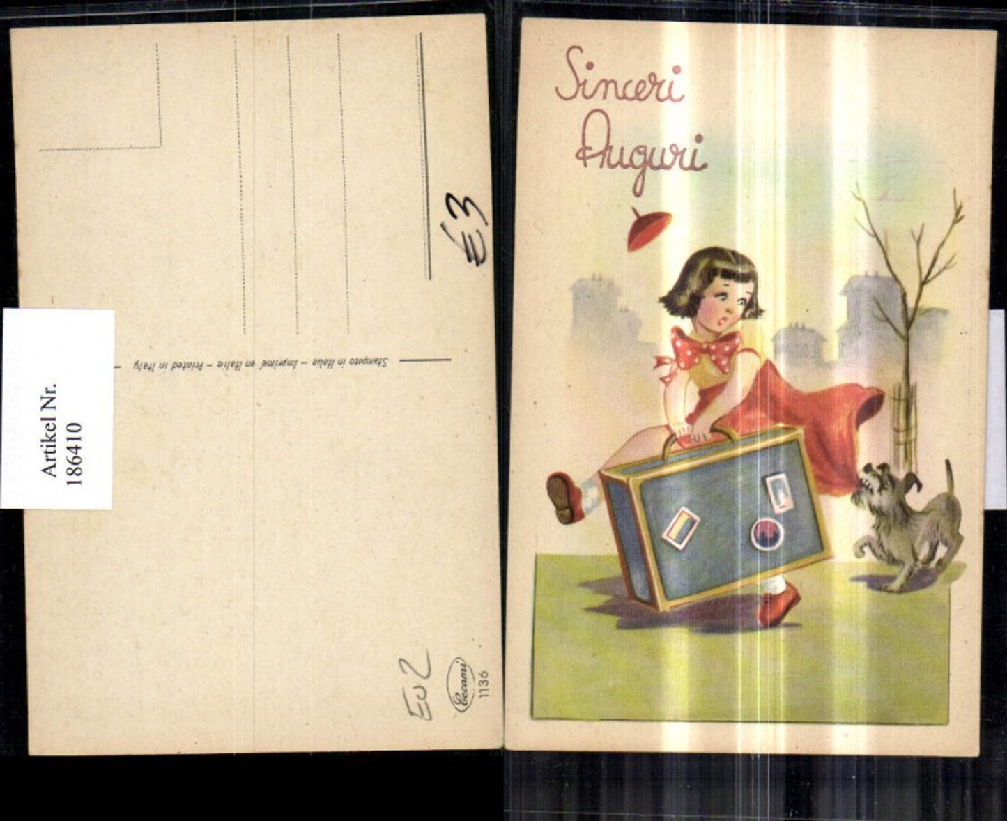 186410,Kind Mädchen m. Reisekoffer Hund Sinceri Auguri