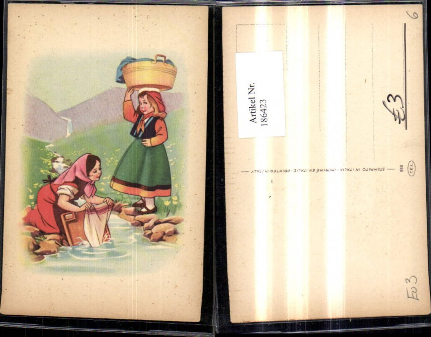 186423,Kinder Mädchen b. Wäschewaschen a. Fluss Bach Wäsche Korb