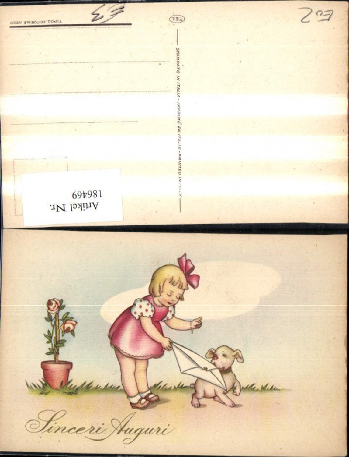 186469,Kind Mädchen m. Hund u. Brief Post Rose Sinceri Auguri