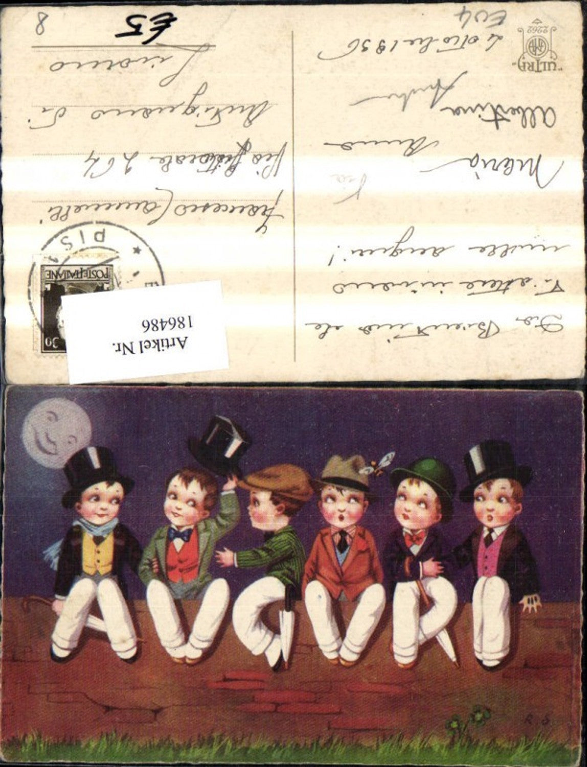 186486,Kind Jungen Kinder sitzen a. Mauer Zylinder Mondgesicht