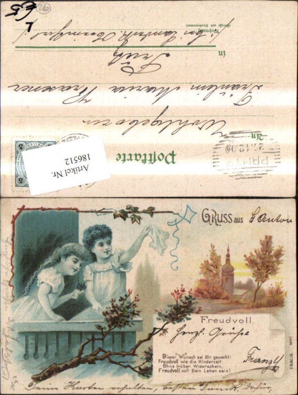 186512,Litho Kind Mädchen b. Abschied Balkon Taschentuch
