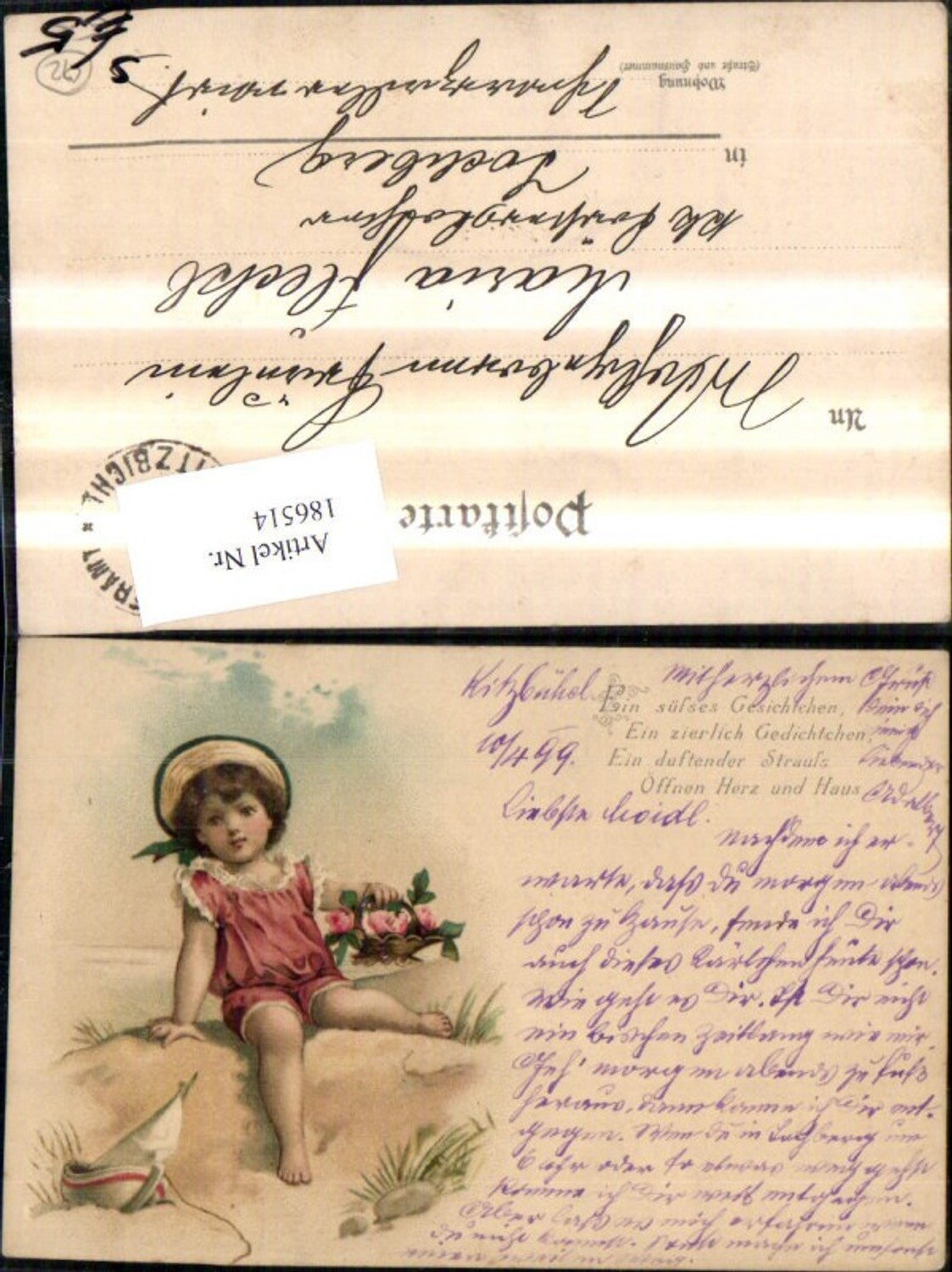 186514,Kind Mädchen a. Strand m. Rosenkorb Spielzeugboot Spruch Stempel K K Steueramt Kitzbichl