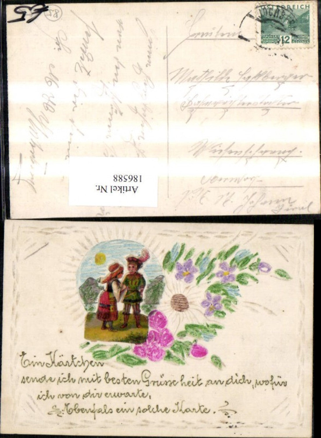 186588,Präge Ak Handgemalt Frau Mann Blume