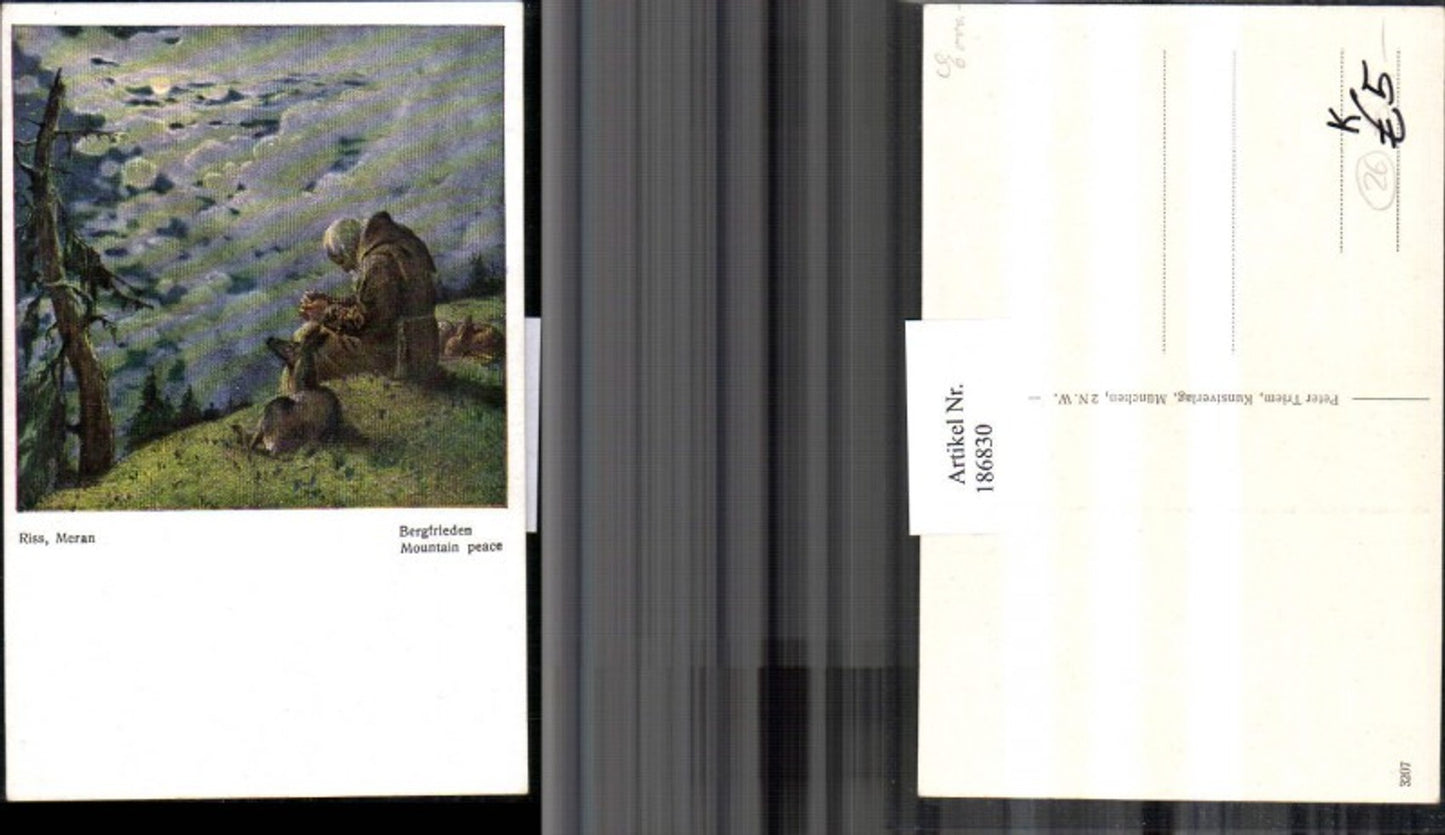 186830,Künstler AK Riss Meran Bergfrieden alter Mann Mondschein Reh