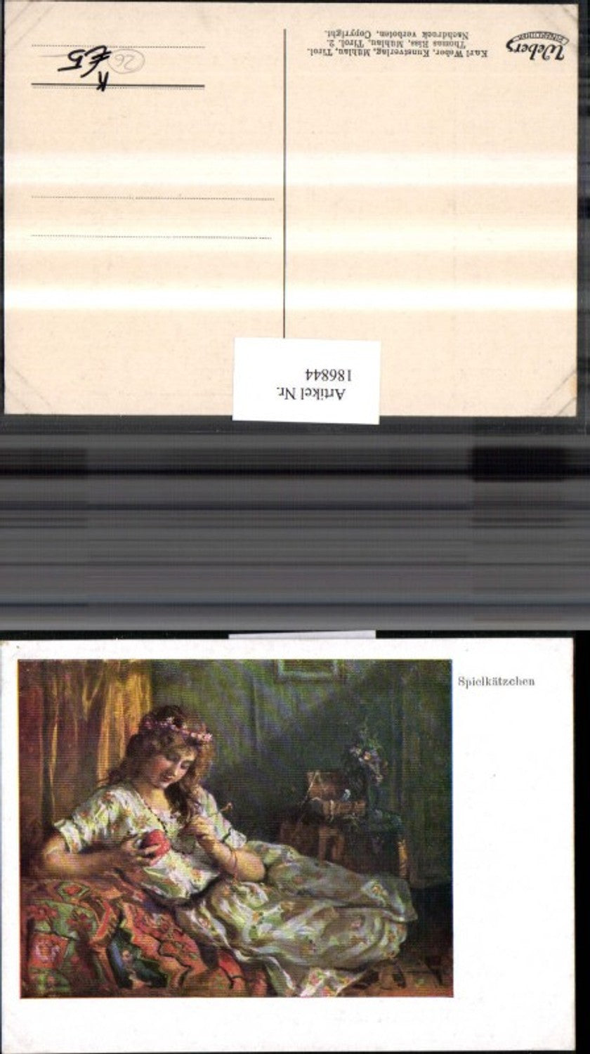 186844,Künstler AK Riss Meran Spielkätzchen Frau m. Kleid