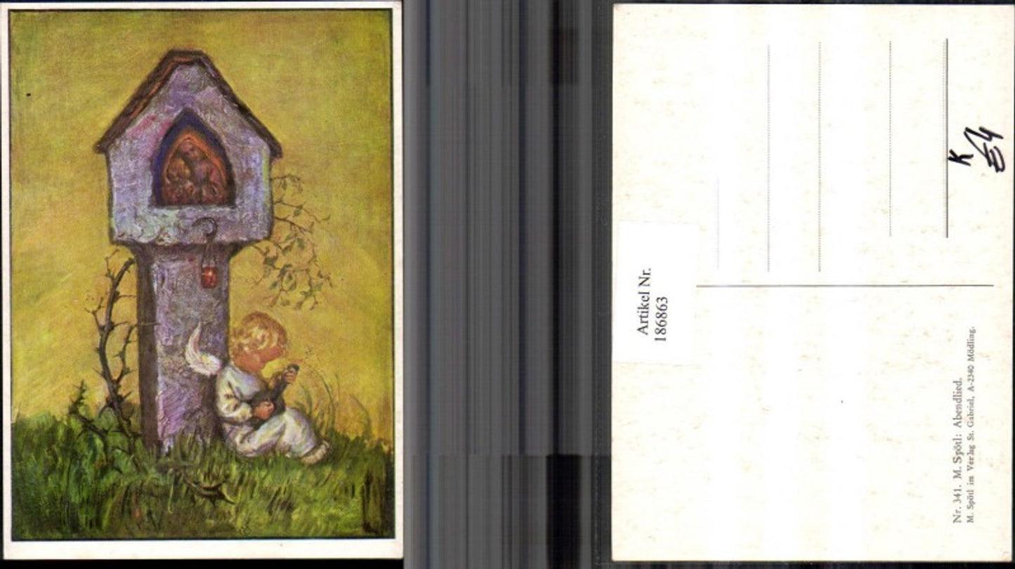 186863,Künstler AK M. Spötl Schwaz 341 Abendlied Engel m. Gitarre Andenken