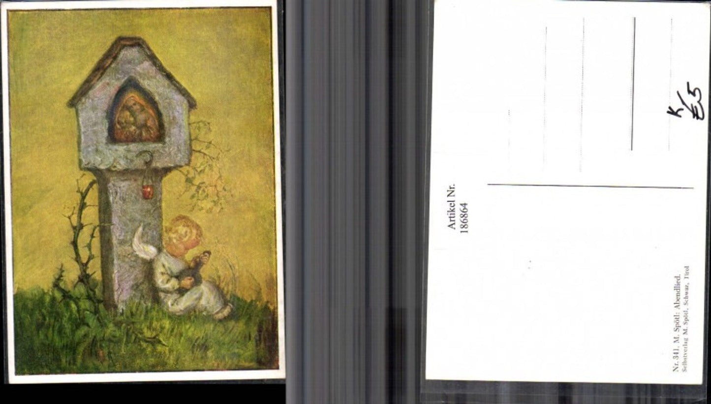 186864,Künstler AK M. Spötl Schwaz 341 Abendlied Engel m. Gitarre Andenken