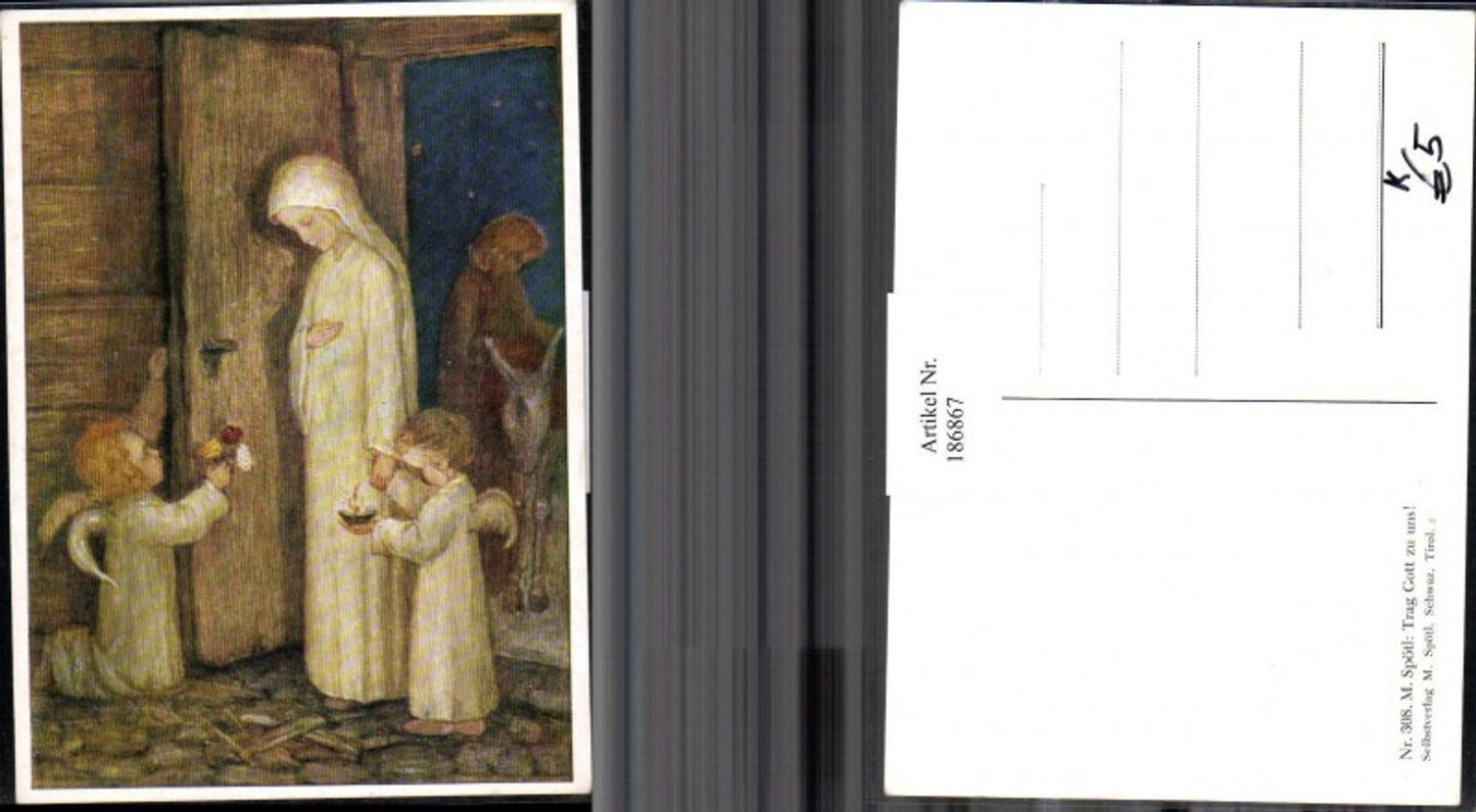 186867,Künstler AK M. Spötl Schwaz 308 Trag Gott zu uns Frau Engel Tür Esel