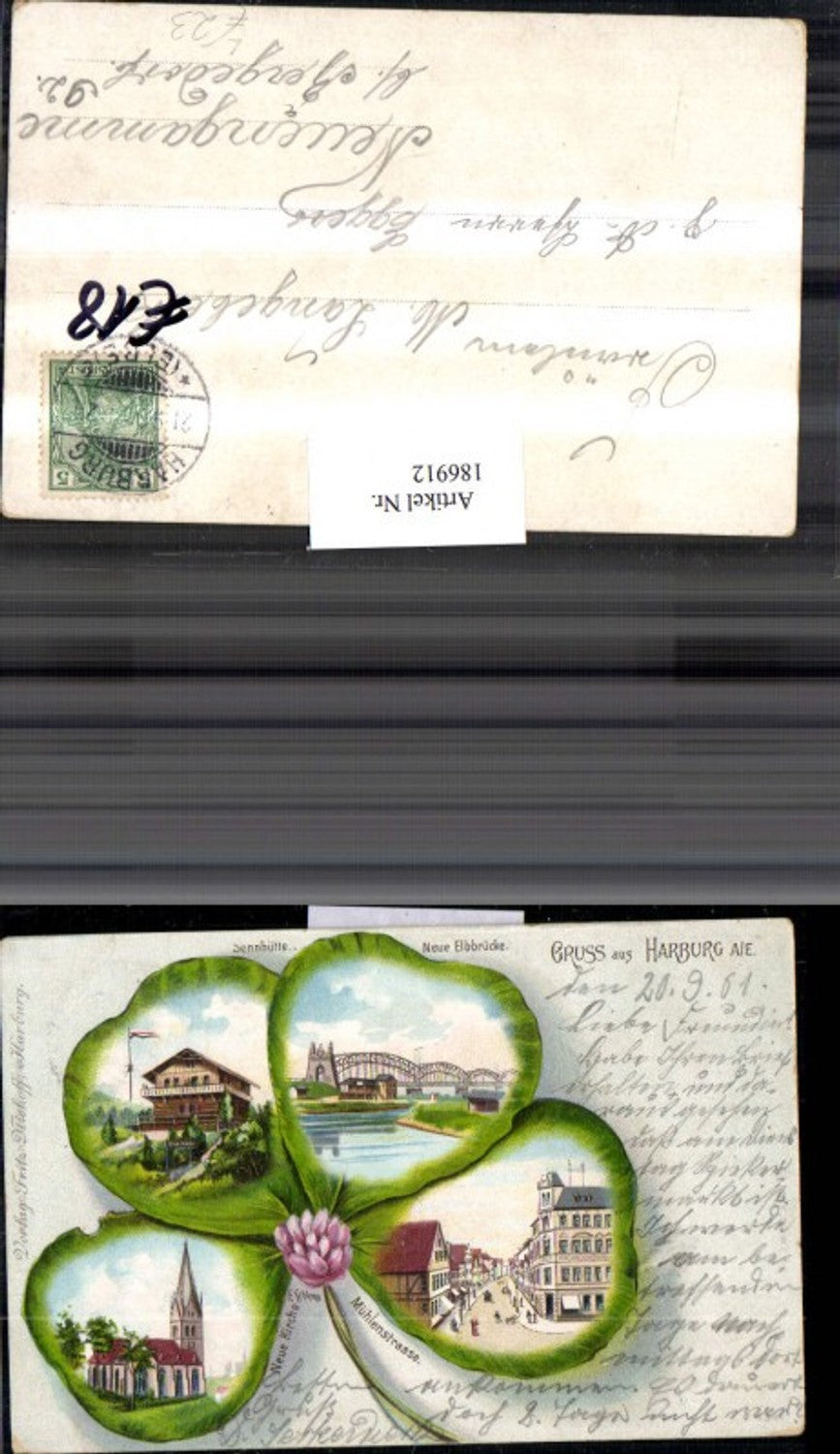 186912, Lithograph postcard Hamburg Sennhütte New Elbe Bridge Mühlenstraße New Church Multi-view postcard