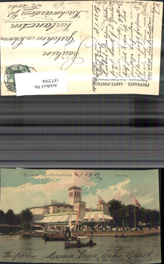 187294, Chromo Litho Hamburg Uhlenhorst Ferry House Sailboat Rowboat
