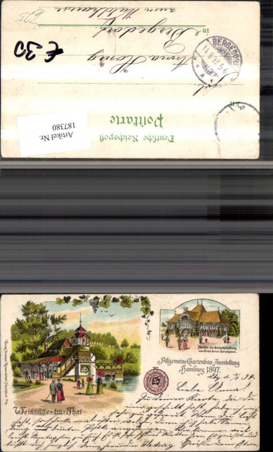 187380, Hamburg Lithograph General Horticultural Exhibition 1897 Wine Hut in Thal