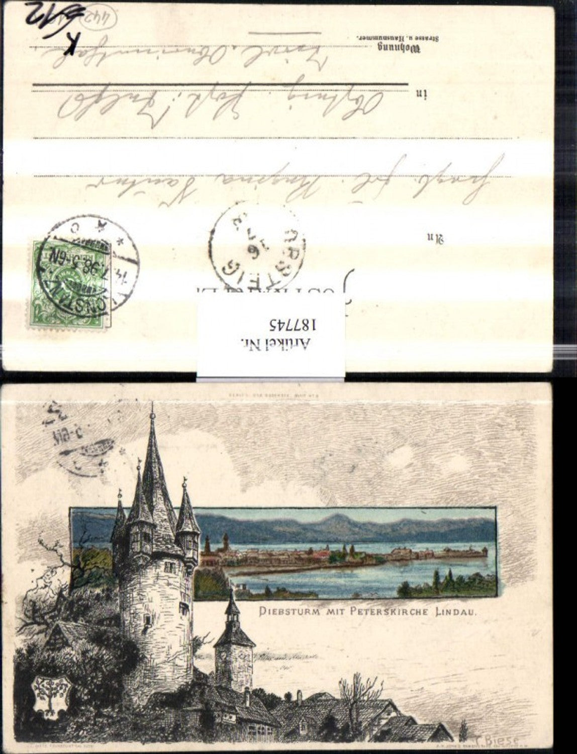 187745,Künstler AK Biese Diebsturm m. Peterskirche Lindau Kirche Ortsansicht