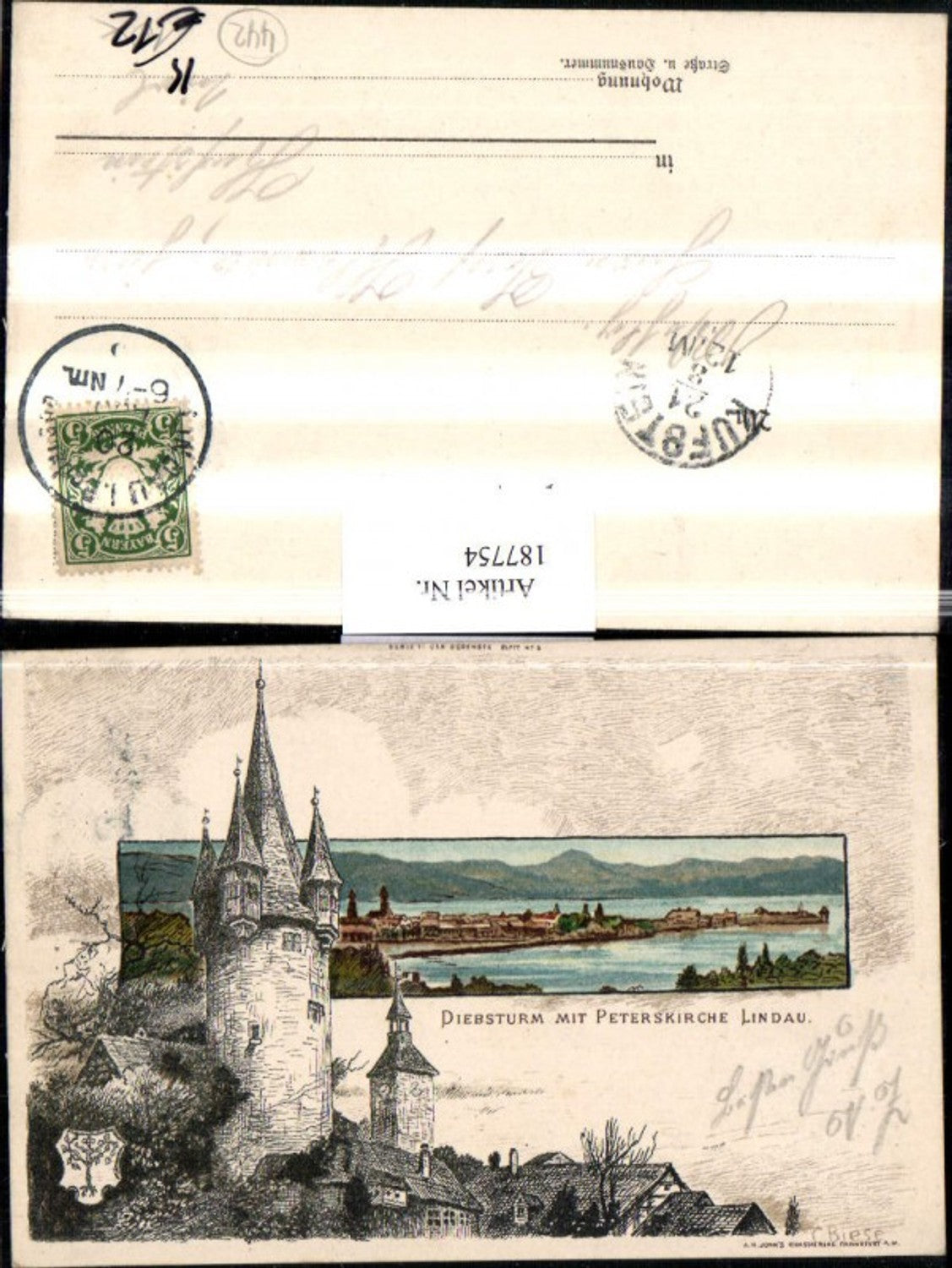 187754,Künstler AK Biese Diebsturm m. Peterskirche Lindau Kirche Ortsansicht
