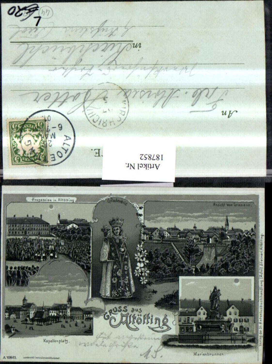 187852,Mondlitho AK Gruß aus Altötting Prozession Gnadenbild Marienbrunnen Kapellenplatz Mehrbildkarte