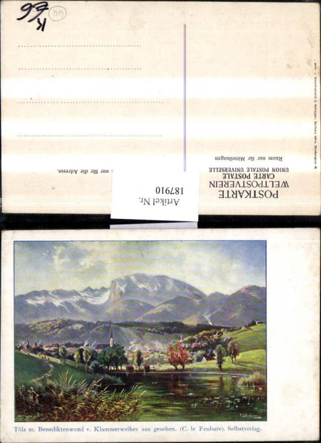 187910,Künstler AK Huttegger Tölz Totale m. Benediktenwand v. Klammerweiher aus gesehen