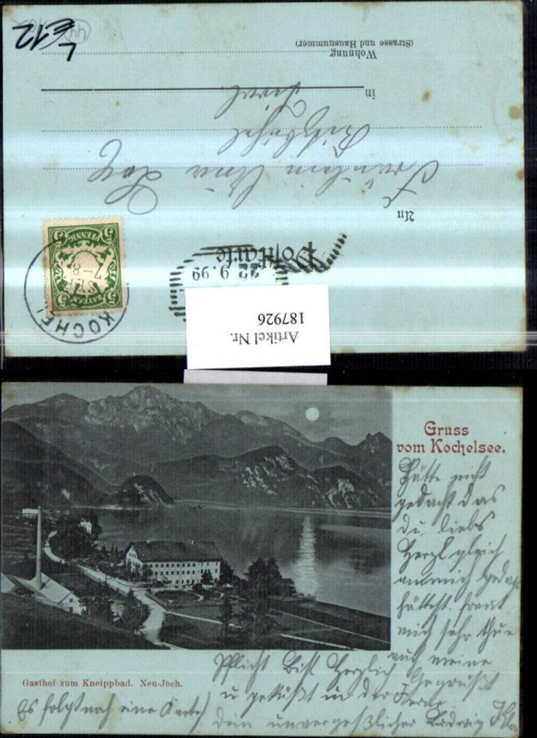 187926,Mondlitho AK Gruß vom Kochelsee Gasthof zum Kneippbad b. Schlehdorf
