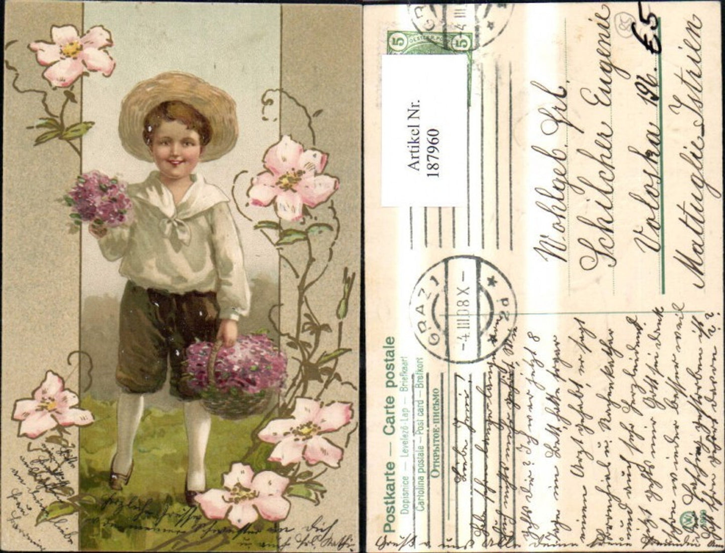 187960,Glückwunsch Präge Ak Junge m. Korb Blumen