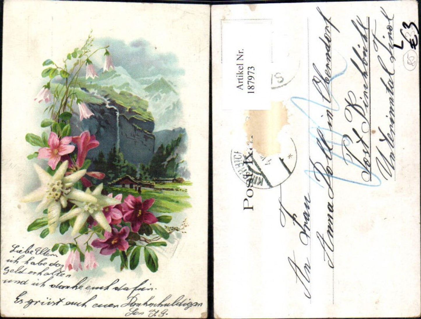 187973, Congratulations Lithograph Mountain Landscape Flowers Edelweiss
