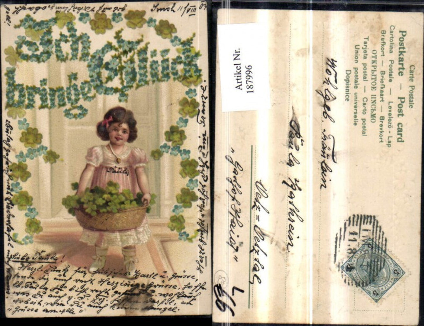 187996,Glückwunsch Präge Litho Ich bringe Glück Blumen Mädchen m. Klee Kleeblatt Korb