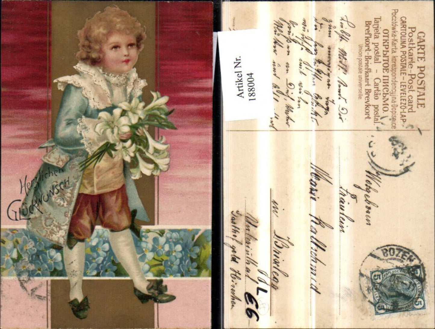 188004,Glückwunsch Litho Junge Knabe m. Blumen Lilien Goldverzierung