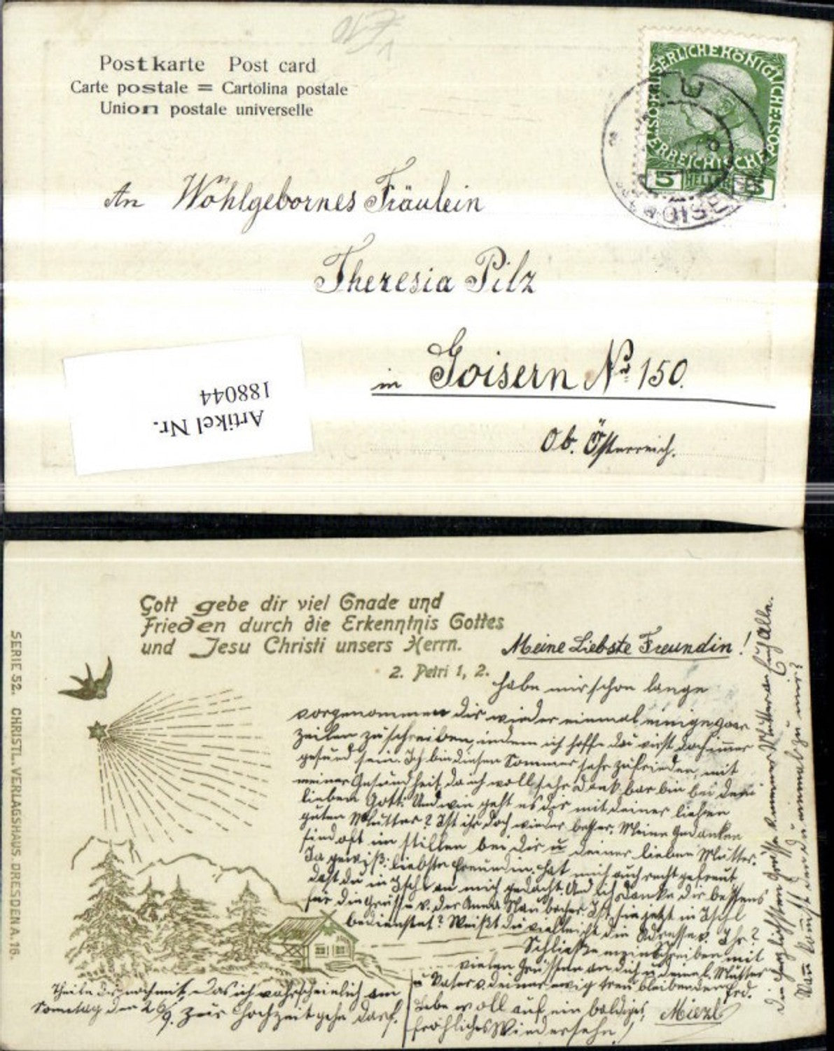 188044, Congratulations stamp, postcard, house, trees, dove, star, saying, gold decoration, Christian publishing house Dresden