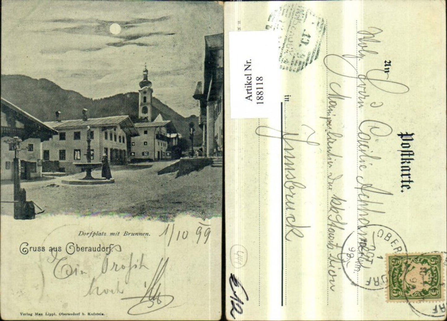 188118,Gruss a. Oberaudorf Dorfplatz m. Brunnen b. Mondschein