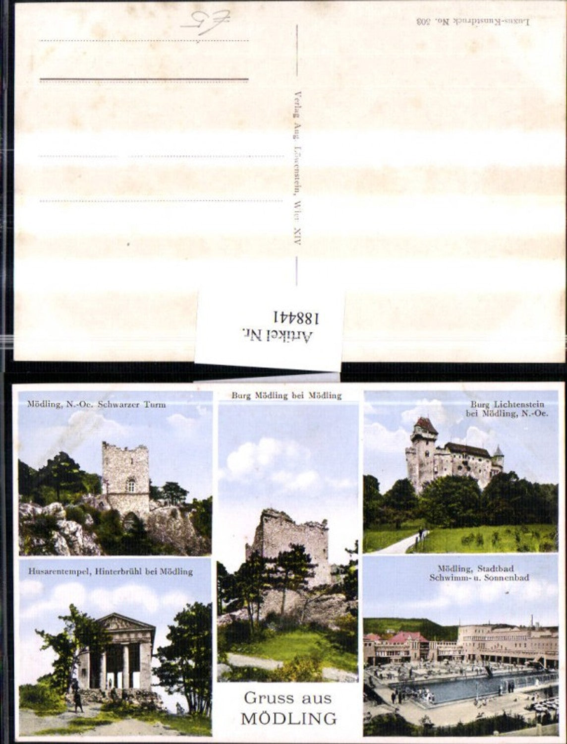 188441,Gruß aus Mödling Schwarzer Turm Burg Lichtenstein Stadtbad Husarentempel Mehrbildkarte
