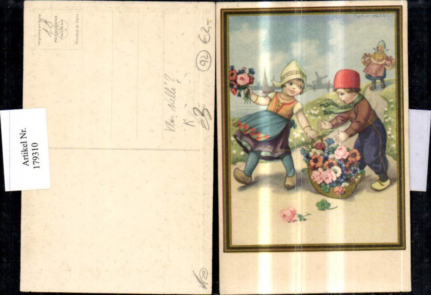 179310, Artist Ak Vlas Kelli Children Flanders Holland Costume Types Flower Basket Flowers Windmill