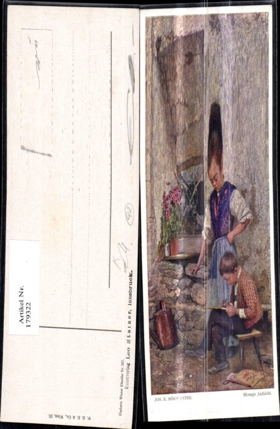 179322, Artist Ak Jos. E. Hörwarter Children Strict Supervision Girl Woman watches over homework Watering can