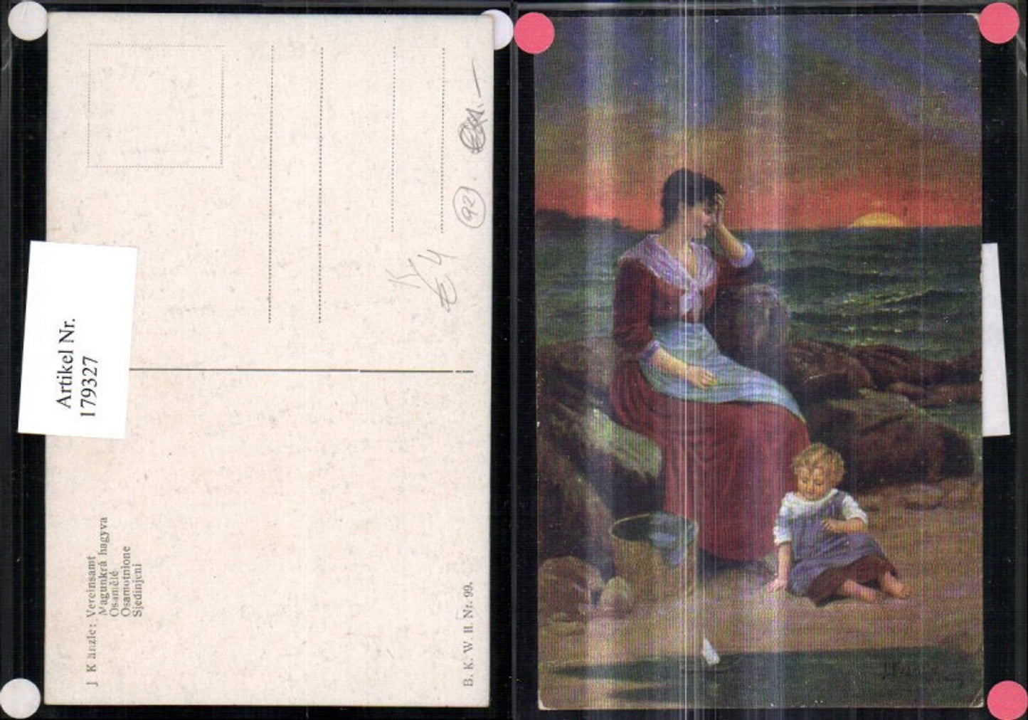 179327,Künster Ak J. Kränzle Kinder Vereinsamt Frau m. Kind a. Strand