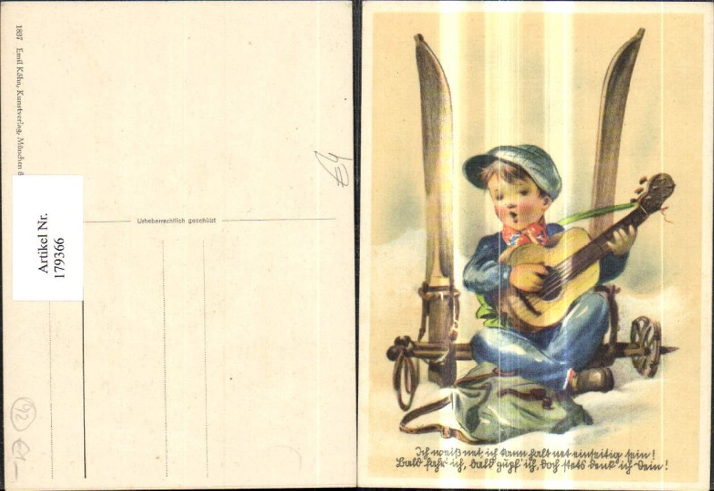 179366,Künstler Ak Kinder Junge Bub m. Gitarre Ski Spruch