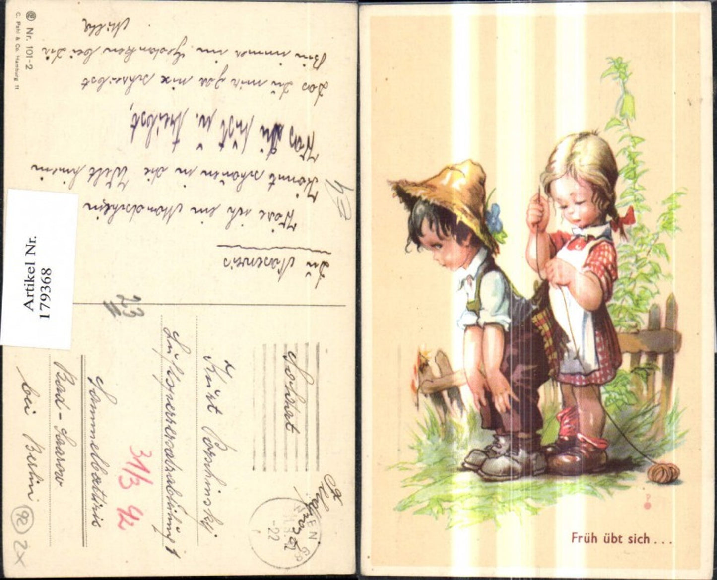 179368,Künstler Ak Kinder Mädchen näht Jungen d. Hose Früh übt sich Nadel Faden