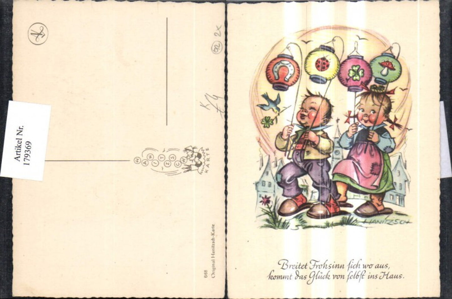 179369,Künstler Ak Hanitzsch Kinder m. Laternen Vogel Spruch Hufeisen Kleeblatt Pilz Marienkäfer