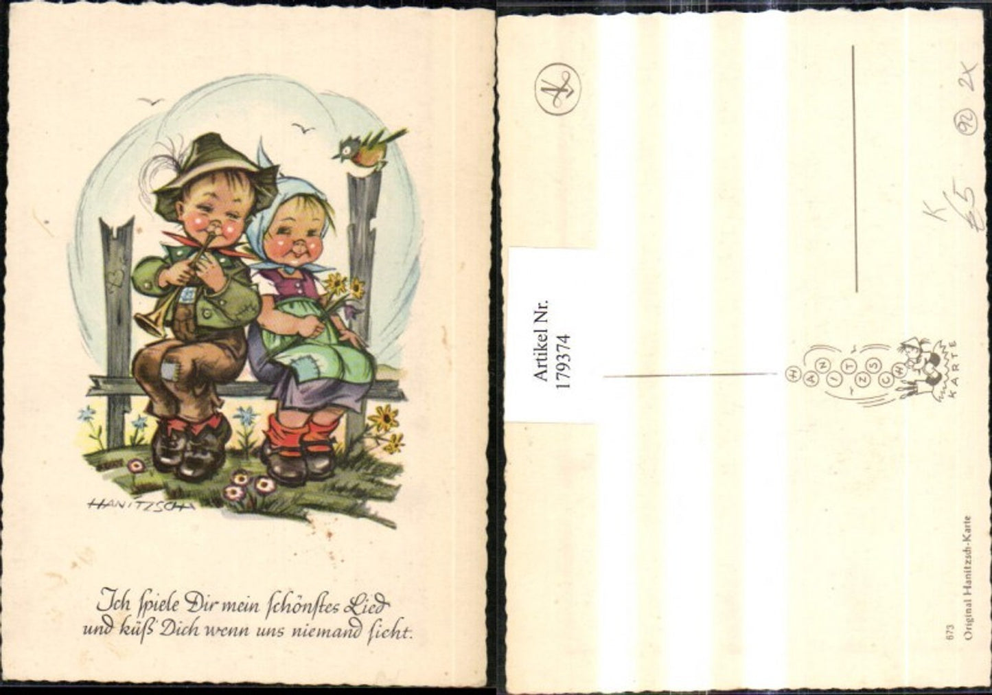 179374,Künstler Ak Hanitzsch Kinder Mädchen Blumen u. Junge Bub m. Tröte Spruch
