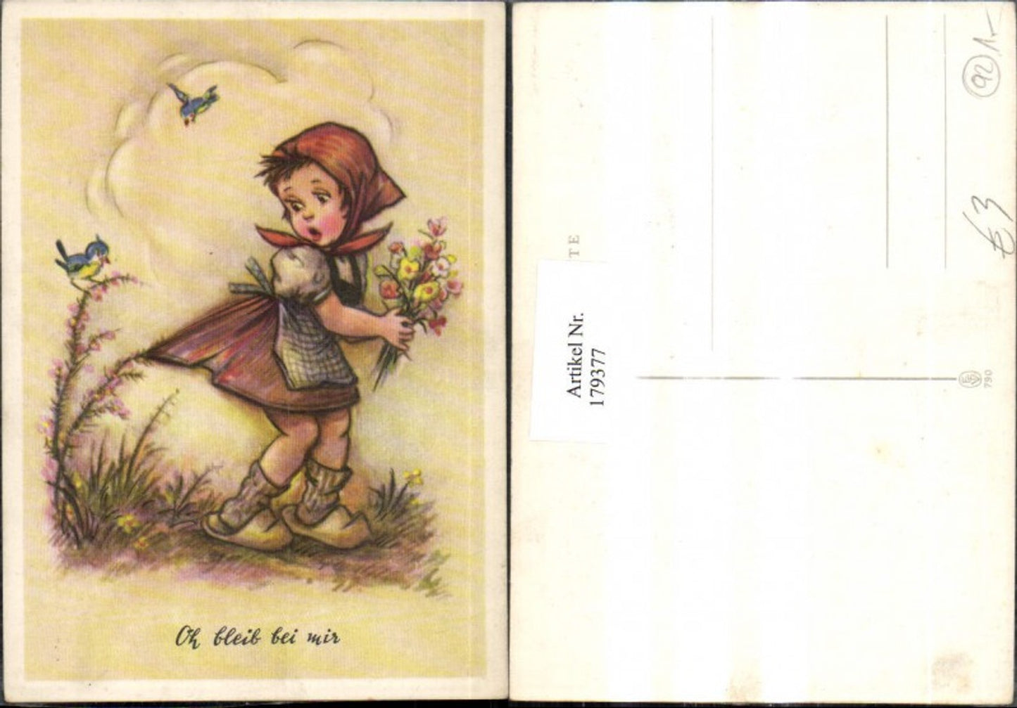 179377,Kinder Mädchen m. Blumen Strauß Vögel Oh bleib b. Mir