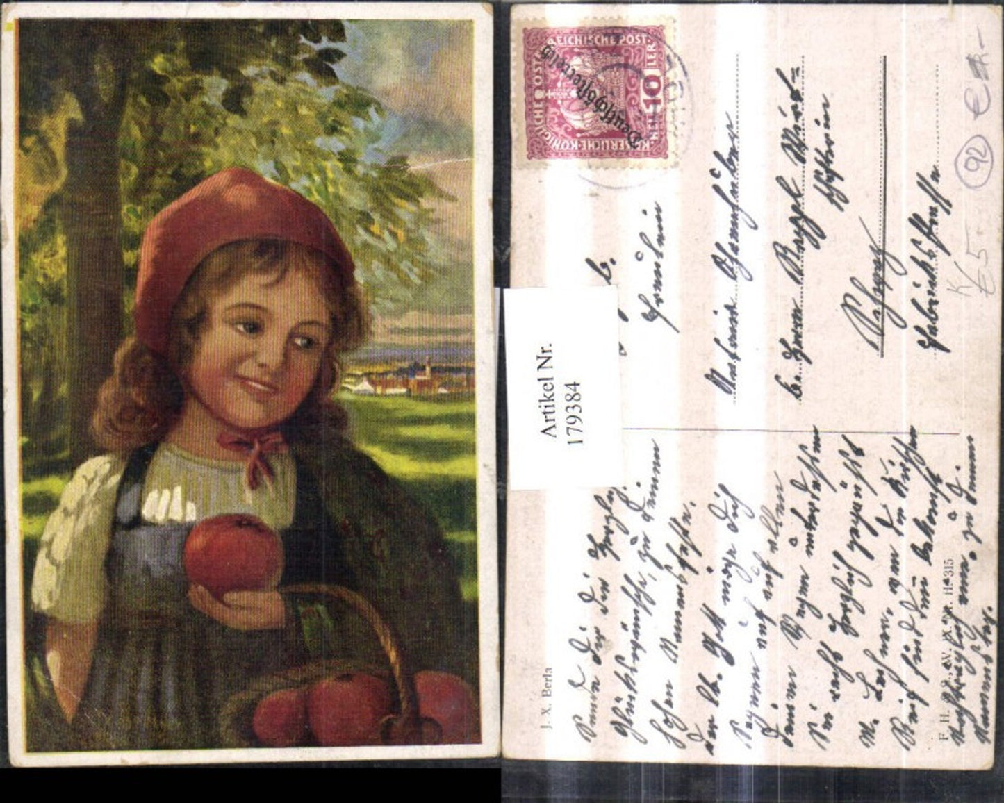 179384, Artist Ak JX Berla Children Girl with Apple