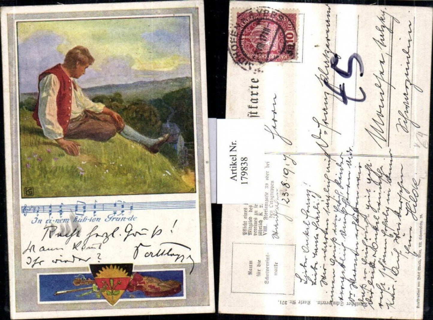 179838, German School Association 371 Man on meadow Song line and text Violin