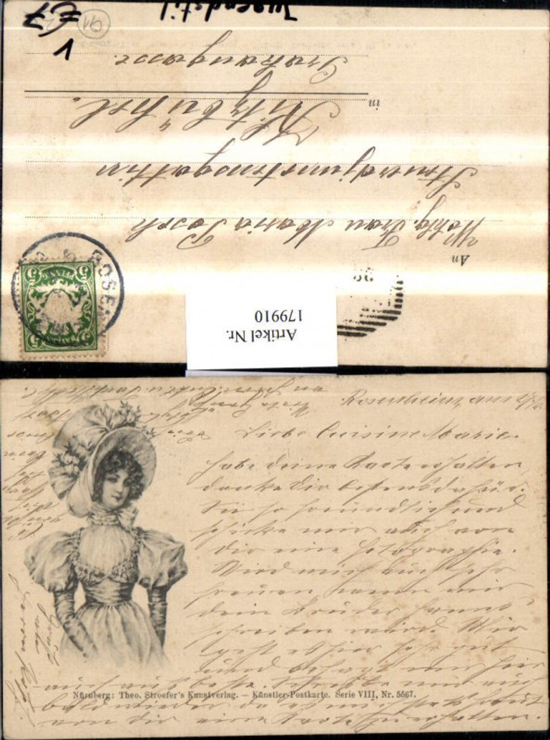 179910,Theo Stroefer Verlag 5567/8 Jugendstil Frau m. Hut u. Kleid