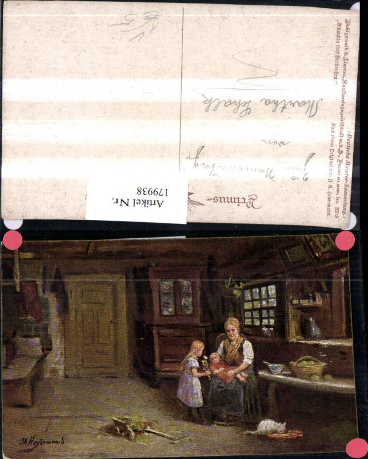 179938,Primus AK 3213 J.A. Heyermans Blümchen fürs Brüderchen Zimmer Frau m. Kinder Katze