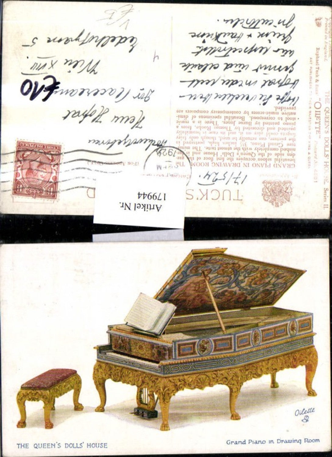 179944,R. Tuck & Sons Oilette 4501 Queens Dolls House Grand Piano in Drawing Room Klavier Flügel