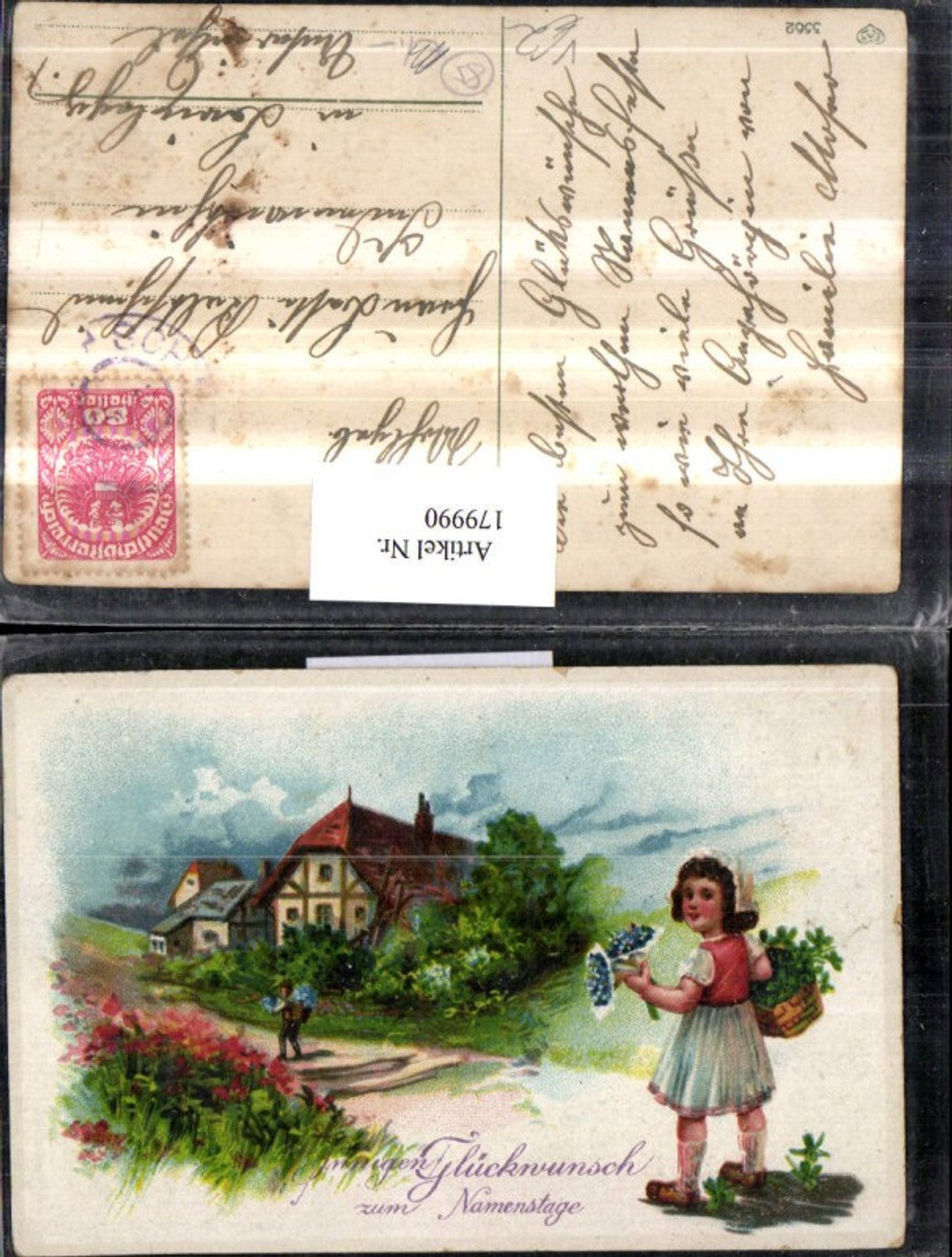 179990,Namenstag Landschaft Kinder m. Blumensträuße Korb Kleeblätter Klee pub EAS 3562