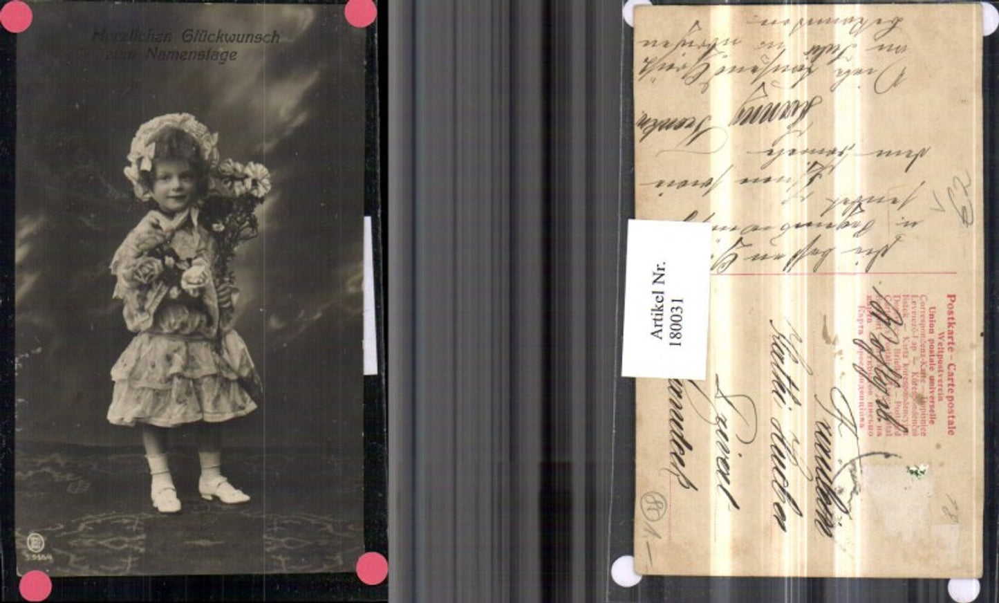 180031,Namenstag Mädchen m. Kleid u. Blumenstrauß Blumen pub RPH 955/4