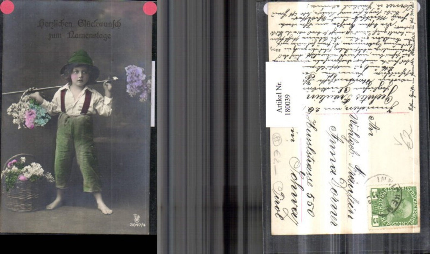 180039,Namenstag Junge m. Hut Korb Blumen pub RPH 3047/4