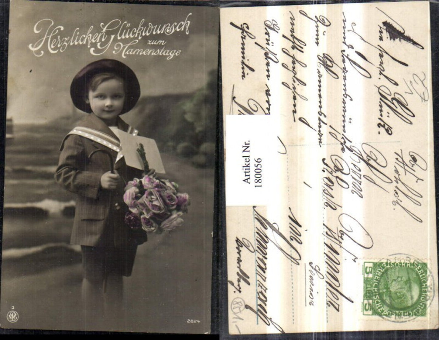 180056,Namenstag Junge m. Hut Brief u. Blumenstrauß Blumen pub NPG 2824