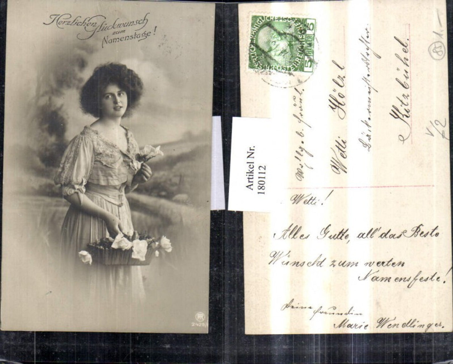 180112,Namenstag Frau m. Kleid Rosen Korb pub RPH 2429