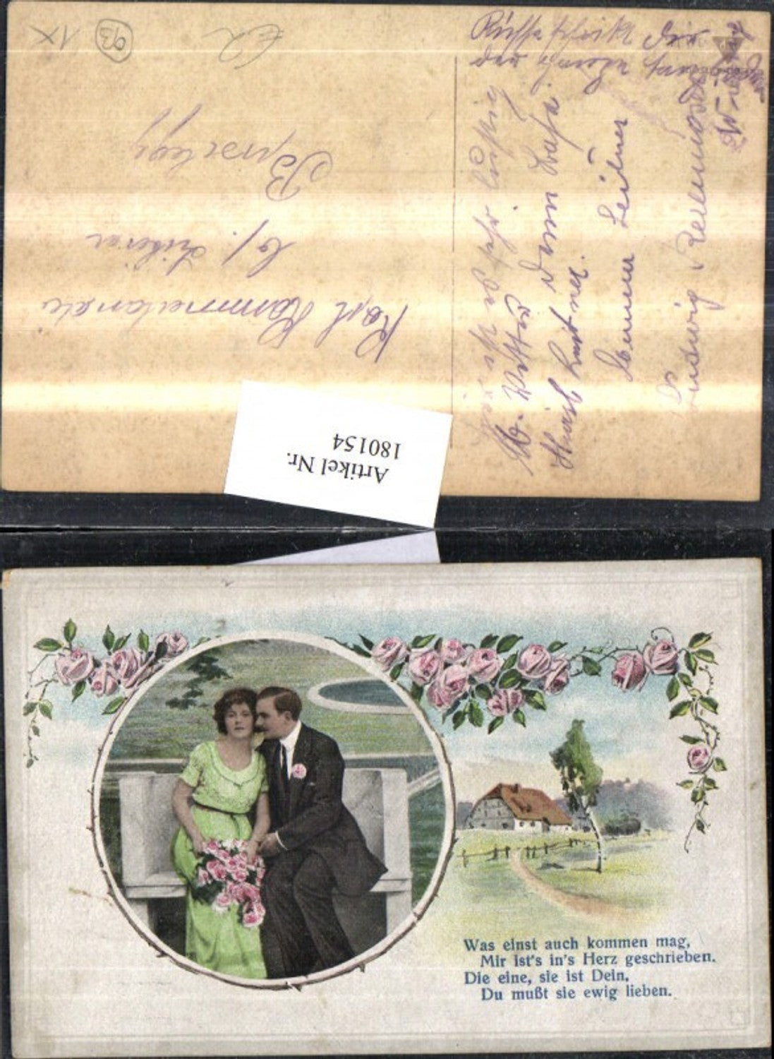 180154,Liebe Mann u. Frau Rosenstrauß Sitzbank Landschaft Rosen